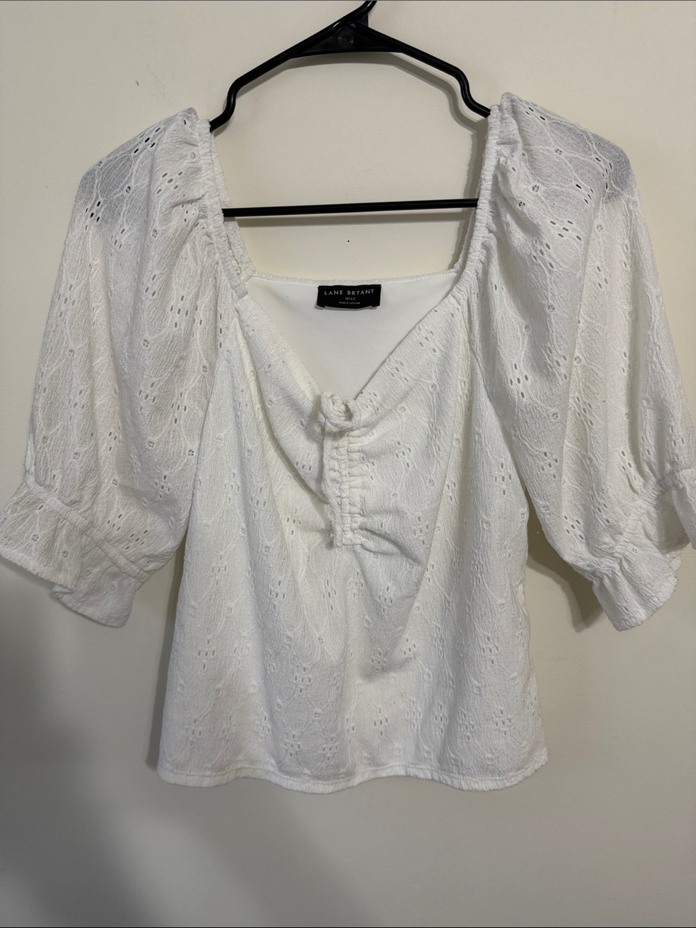 Lane Bryant White Eyelet Peasant Top with Tie Front